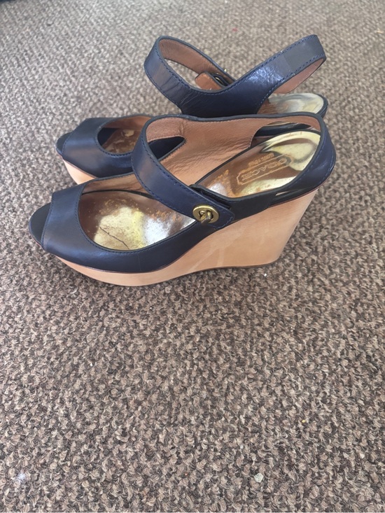 Coach Shoes - Coach Navy Leather Wedge Sandals with Tan Wood Platform